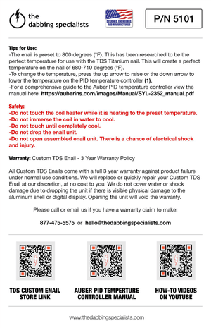 The Dabbing Specialists Custom Enail | Made in the USA | Custom Enail Information Sheet 2 | TDS