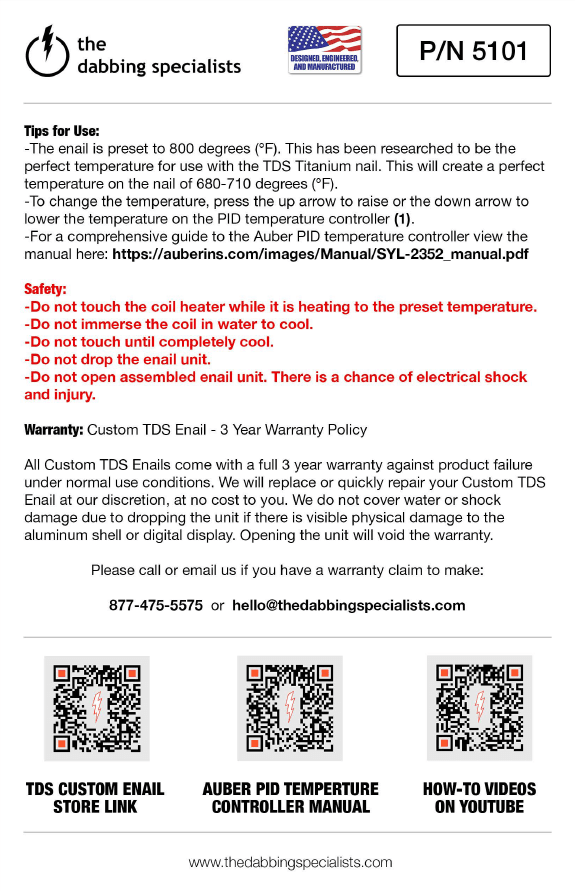The Dabbing Specialists Custom Enail | Made in the USA | Custom Enail Information Sheet 2 | TDS