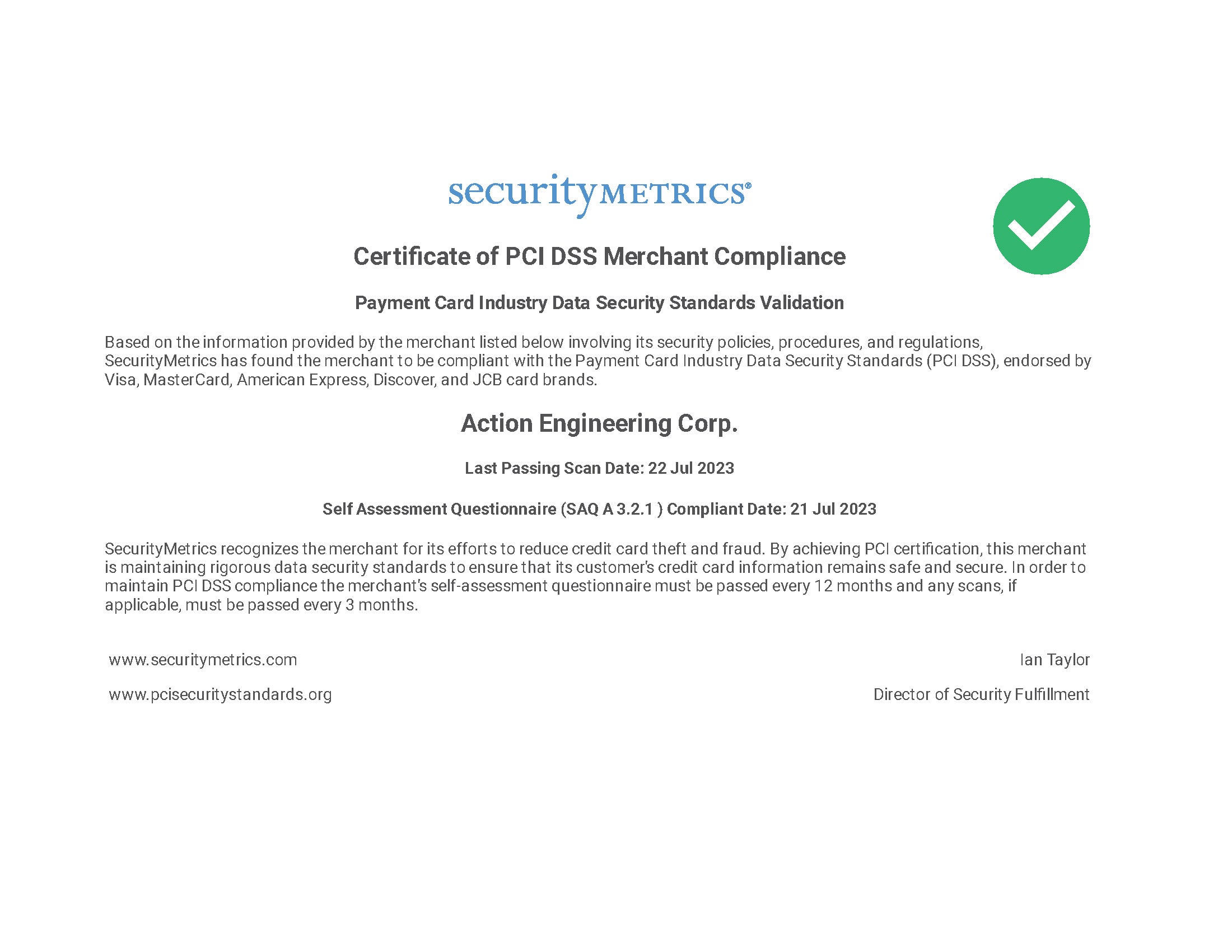 PCI-DSS Compliance Certificate-