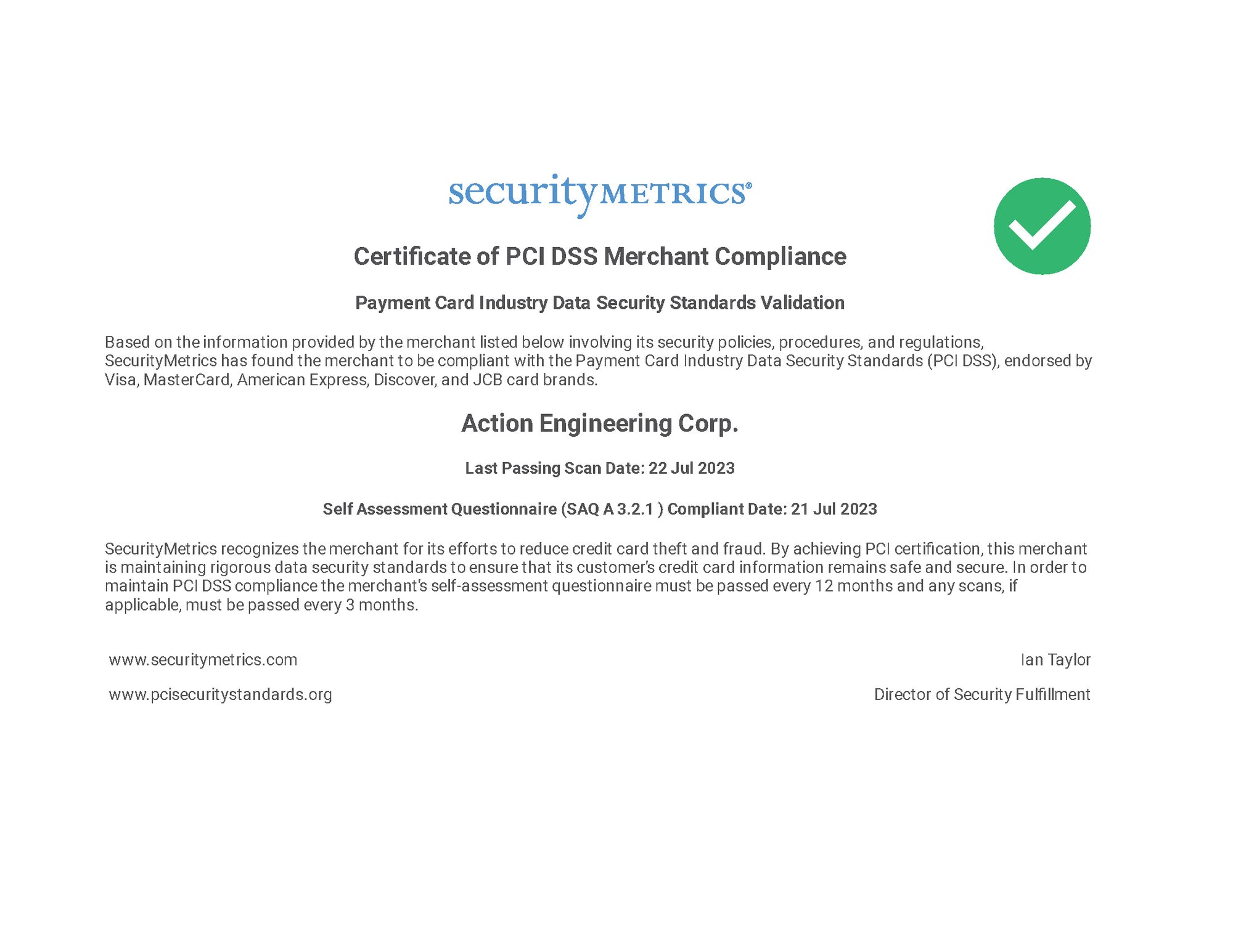 PCI-DSS Compliance Certificate-"Action Engineering Corp." DBA: the dabbing specialists