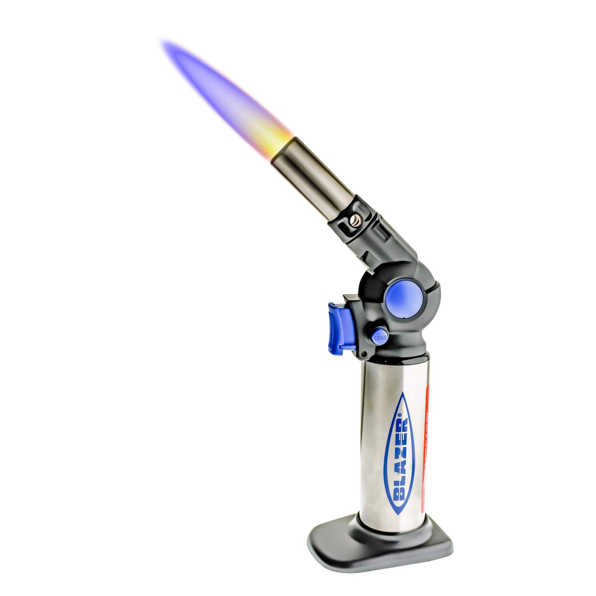 Blazer Flexible Turbo Torch | Blue & Black Angled Profile View With Flame | the dabbing specialists
