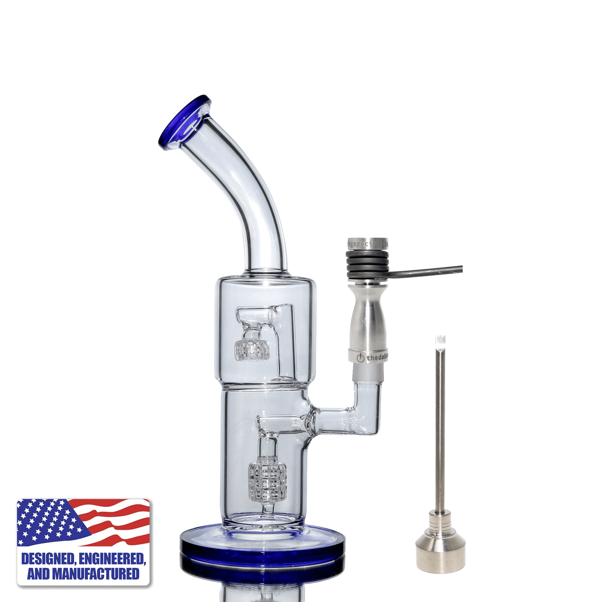Glass and Nail Rig | Blue Double Recycler Birdcage Bubbler with 16-Hole Titanium Nail | In Use | TDS