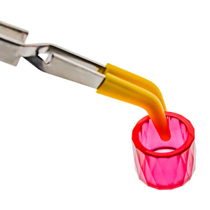 Reverse Tweezers | Silicone Tipped | Yellow In Use With Insert Cup Close Up View | TDS