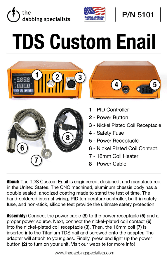 The Dabbing Specialists Custom Enail | Made in the USA | Custom Enail Information Sheet 1 | TDS