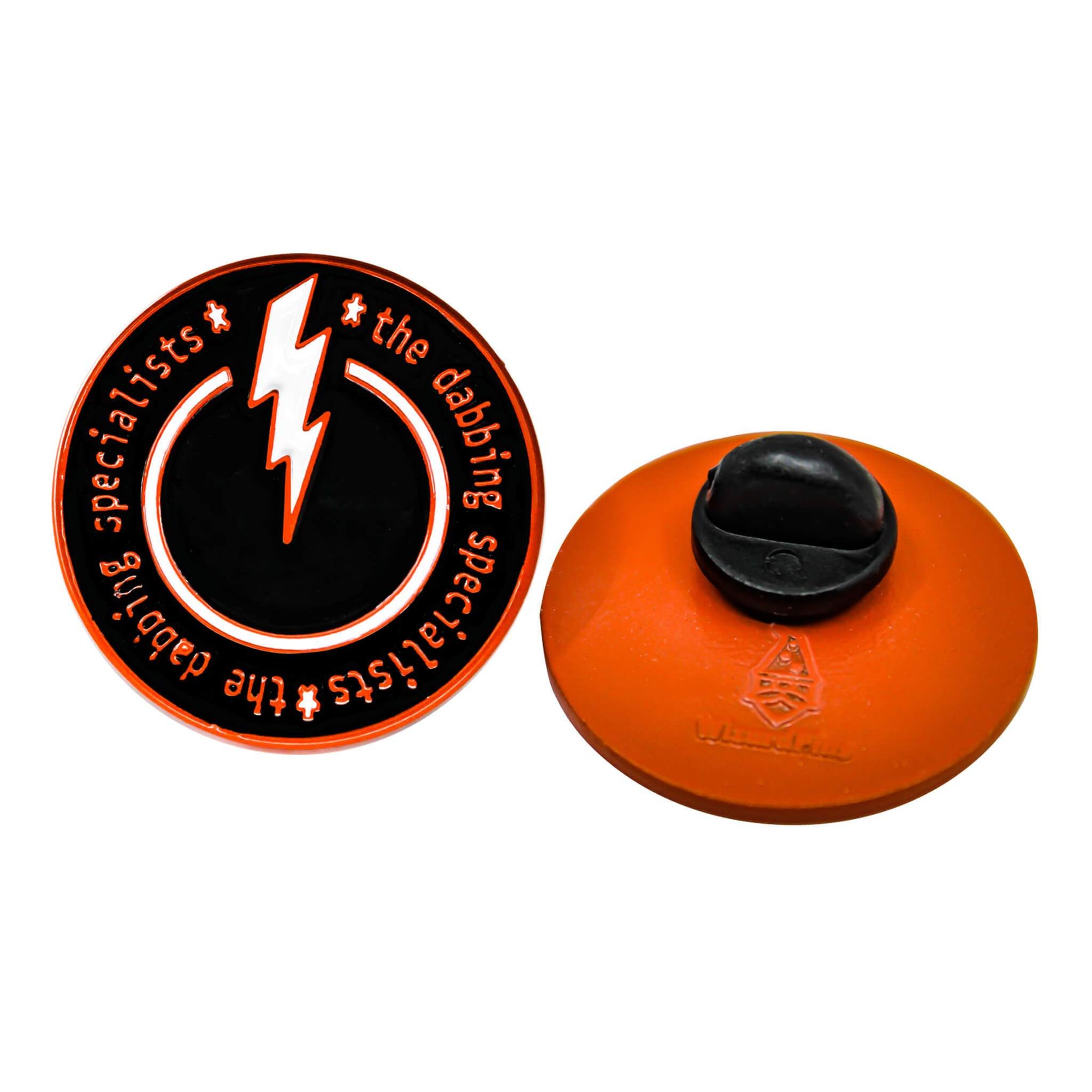 the dabbing specialists Soft Enamel Logo Pin | Orange & Black Pin View | the dabbing specialists